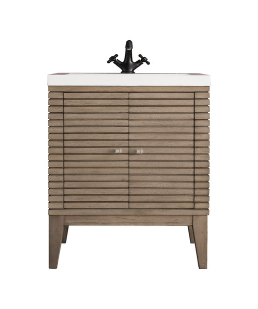 James Martin Furniture - Linden 24" Single Vanity Cabinet, Whitewashed Walnut w/ White Glossy Composite Countertop - E213V24WWWWG - GreatFurnitureDeal