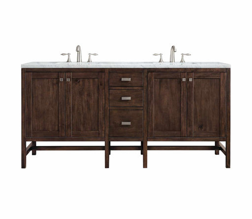 James Martin Furniture - Addison 72" Double Vanity Cabinet, Mid Century Acacia, w- 3 CM Carrara White Top - E444-V72-MCA-3CAR - GreatFurnitureDeal