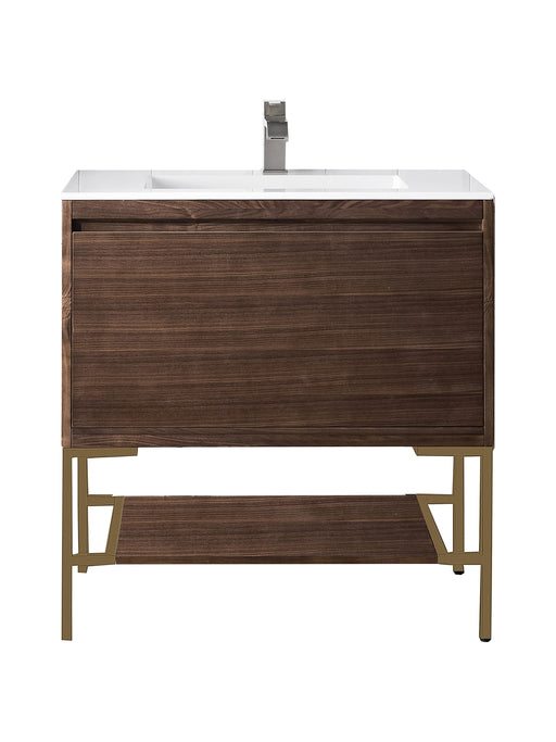 James Martin Furniture - Milan 31.5" Single Vanity Cabinet, Mid Century Walnut, Radiant Gold w/Glossy White Composite Top - 801V31.5WLTRGDGW - GreatFurnitureDeal