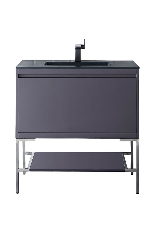 James Martin Furniture - Milan 35.4" Single Vanity Cabinet, Modern Grey Glossy, Brushed Nickel w-Charcoal Black Composite Top - 801V35.4MGGBNKCHB - GreatFurnitureDeal