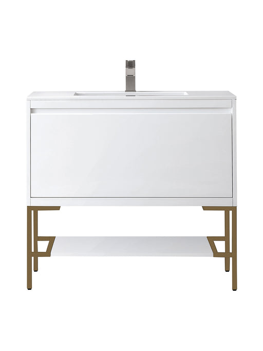 James Martin Furniture - Milan 35.4" Single Vanity Cabinet, Glossy White, Radiant Gold w/Glossy White Composite Top - 801V35.4GWRGDGW - GreatFurnitureDeal