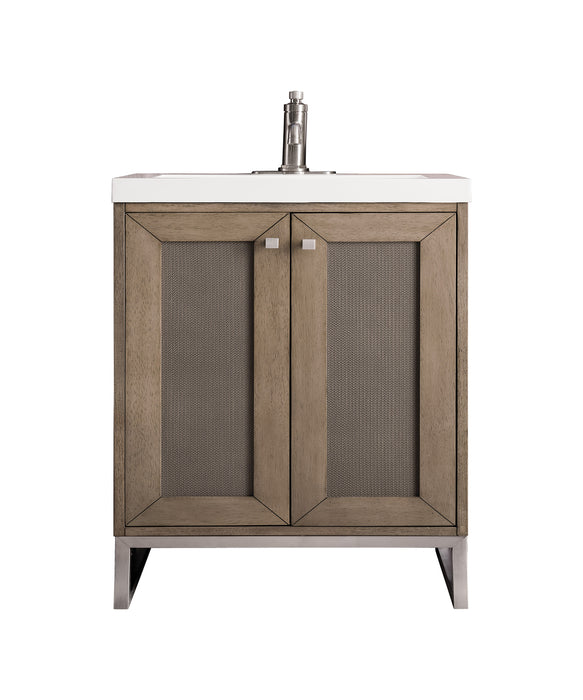 James Martin Furniture - Chianti 24" Single Vanity Cabinet, Whitewashed Walnut, Brushed Nickel, w/ White Glossy Composite Countertop - E303V24WWBNKWG