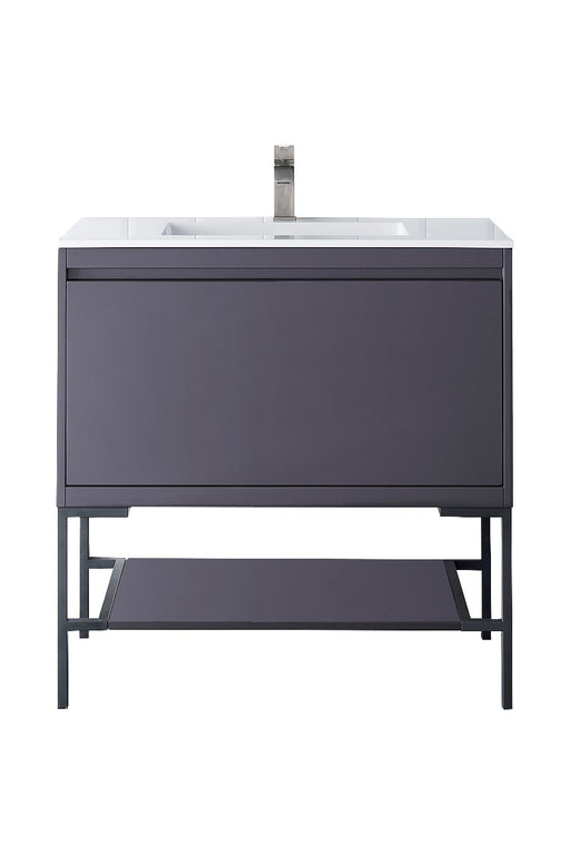James Martin Furniture - Milan 35.4" Single Vanity Cabinet, Modern Grey Glossy, Matte Black w-Glossy White Composite Top - 801V35.4MGGMBKGW - GreatFurnitureDeal